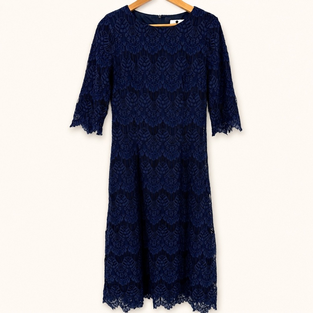 Dainty Jewells Medium Sheath Dress Navy Blue Lace Modest Conservative 3/4 Sleeve